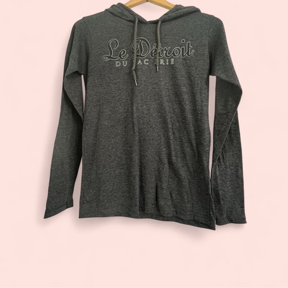 Women's Gray Long Sleeve Hoodie Tee French Detroit Logo